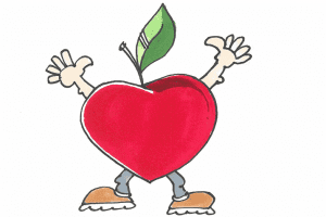 et æblehjerte med arme og ben og stilk med blad