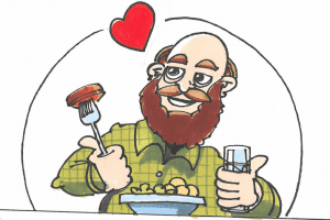 tegning af en tilfreds mand der spiser mad