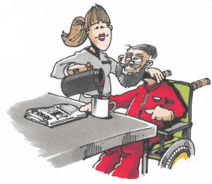 en ældre mand i kørestol, der får serveret kaffe af plejepersonale