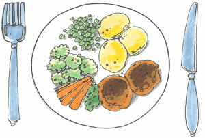 en tegning af en Tallerken med frikadeller, kartofler og grønt