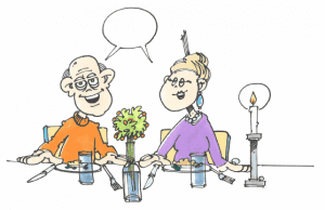 Ældre der hyggesnakker ved spisebordet